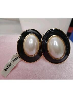 Vintage Anne Klein Bloomingdale Old Stock Black Enamel Faux Pearl Clip Earrings